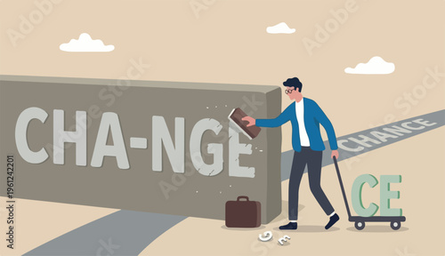Turn change into chance, transformation for business opportunity, evolve survive win business competition concept, smart businessman using eraser erase alphabet from change to be chance