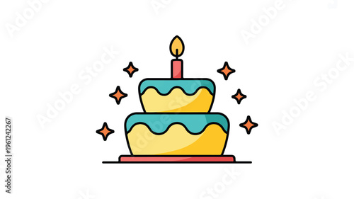 cartoon style two tier birthday cake with candle and stars