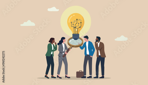 Business insights intelligence information for competitive advantage and win competition, discover business solution concept, business people team looking at lightbulb floating from magnifying glass