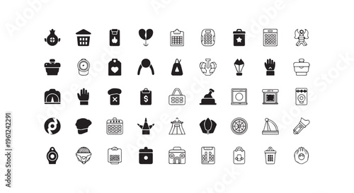 Collection of various black and white icons for different purposes and industries