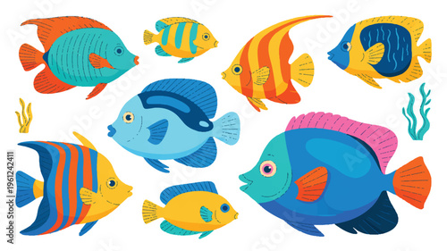 Colorful cartoon fish and seaweed on white background for ocean and marine life designs