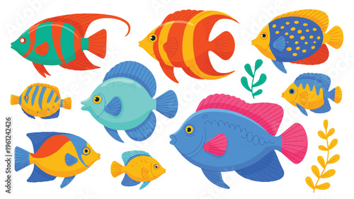 colorful cartoon fish and seaweed on white background