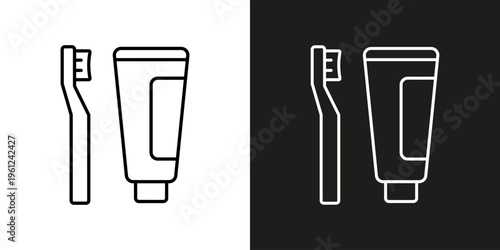 Toothpaste and brush, Teeth brushing icon - vector editable line.