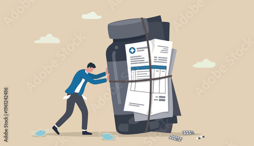 Medical debt, health care and treatment cost from Covid-19 disease, hospital expense drug medicine bills concept, broke bankrupt man carrying giant medicine into debt burden after cure from COVID-19