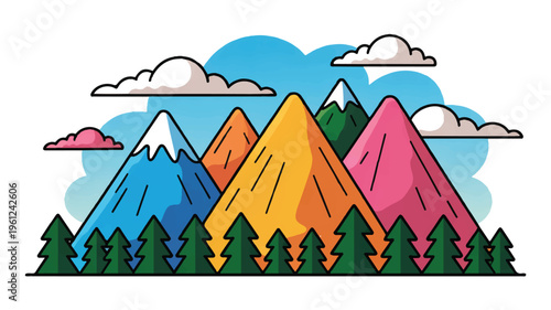 colorful cartoon mountains with trees and clouds