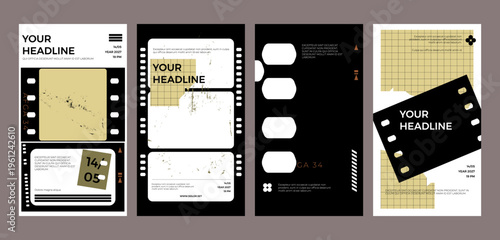 Modern poster and social media template set with abstract geometric elements, film strip textures, and bold typography. Minimal editorial design with copy space for headlines.
