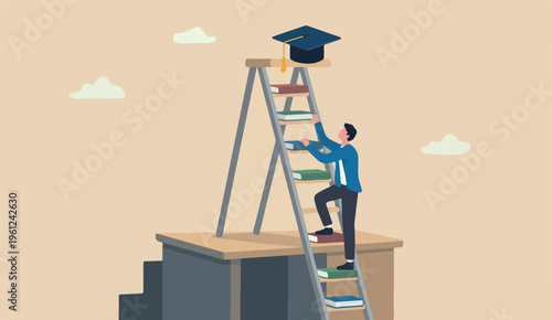 Education degree achievement, graduation or college university diploma, school learning classroom, wisdom scholar concept, young adult student climb up Big desk ladder reach graduate mortarboard hat