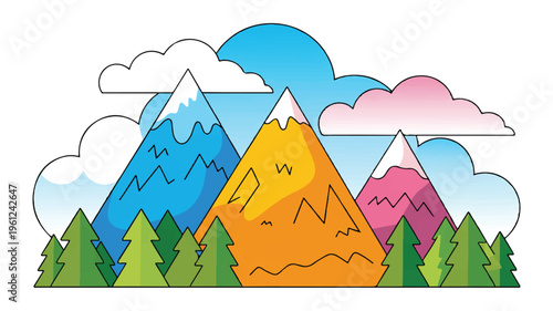 colorful cartoon mountains with trees and clouds