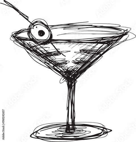 Hand drawn martini glass with olive garnish sketch, cocktail drink illustration, classic bar beverage design