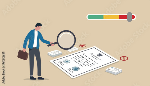 Fake document, wrong information verification or fake news inspection, fraud and illegal reports concept, smart businessman inspector using magnifying glass to verify fake document