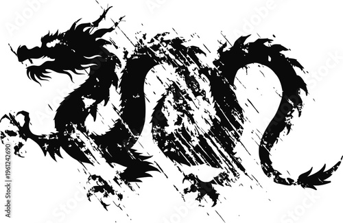 Grunge black asian dragon silhouette with textured ink splash and dynamic brush strokes