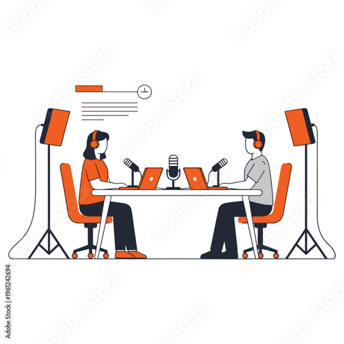 Two radio hosts interviewing each other in modern studio with professional lighting setup