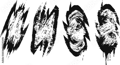 Set of black grunge brush strokes and splatters with rough textured edges and drip effects