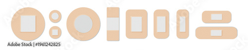 Medical plasters. Bandages set. Adhesive bandage for first aid for wounds operations and skin injuries. Protecting open wound from infection. Realistic 3d beige sticky plaster patches of tape, circle 