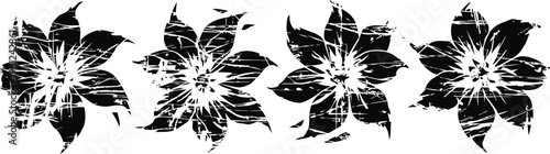 Four black and white stylized flowers in a row with detailed petals and a hand drawn appearance