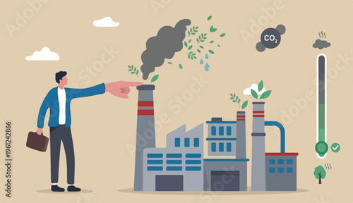 Reduce factory pollution help stop climate to change global warming, ecology carbon dioxide sustainability concept, business leader finger block, stop clog factory chimney