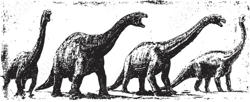 Silhouettes of five long necked dinosaurs walking in a line, prehistoric creatures in black and white