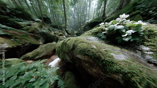Moss Covered Log in Lush Forest Stream
