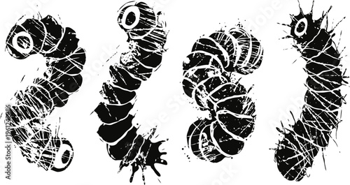 black grunge caterpillar silhouettes worm larvae set with distressed texture insect pests vector design