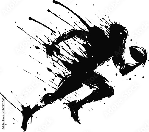 football player silhouette running with ball dynamic ink splash grunge illustration