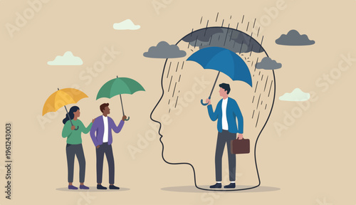 Mental health protection, depression anxiety control cure help, support mental to illness suffering concept, human head with self using umbrella to protect heavy raining storm depression