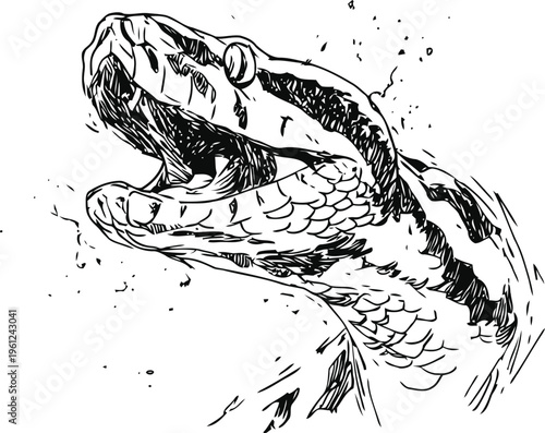 detailed hand drawn snake head with open mouth and visible fangs black and white animal illustration