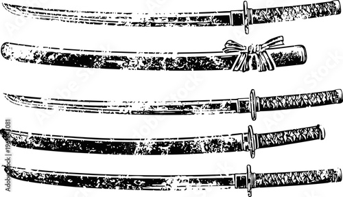 Four traditional japanese katanas with sheaths, detailed vintage samurai swords illustration