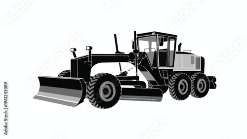 Grader machine with large blade and wheels for construction and road maintenance work