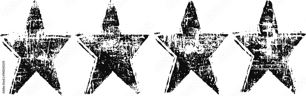 Obraz premium Four black distressed stars vintage grunge texture design element with rough worn edges isolated on white