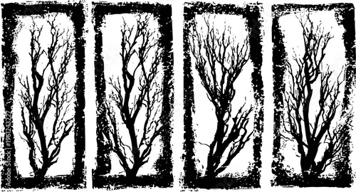 black ink tree branches silhouette set abstract nature frames with grunge border seasonal winter bare twigs design