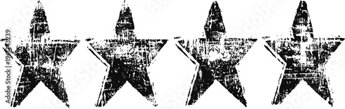 Four black distressed stars vintage grunge texture design element with rough worn edges isolated on white