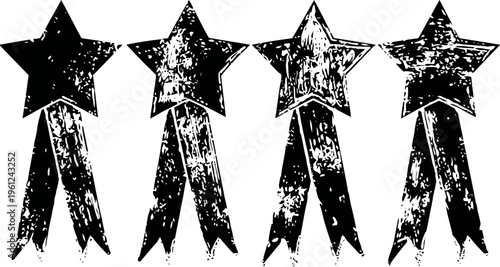 Four vintage distressed star badges with ribbon tails in black and white design
