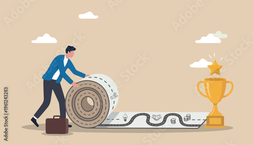Develop career path create success way, begin new road achieve target entrepreneur plan ahead way their own way concept, confident businessman rolling road carpet walk success