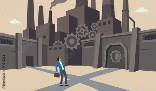 Entrepreneur small business fight with large company,Big industrial fear in business competition, threats or conflict concept,to struggle businessman look at big company competitor in same business or