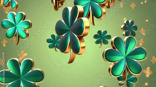 St. Patrick's Day celebration with gold-trimmed shamrocks floating on green background with confetti