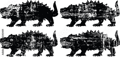 Grunge crocodile silhouettes aggressive reptile with spiked back in distressed primitive animal design set
