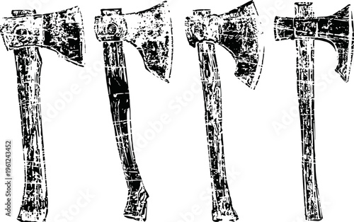 Set of four vintage axes illustrations with textured wooden handles and metal heads