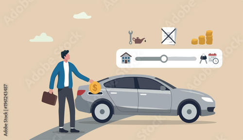 Car leasing or car loan, borrow money too buy new car, rental auto too maintenance cost, debt, purchase buy new trend vehicle concept, businessman hand to owner put car dollar money coin into new car.
