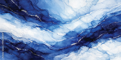 Blue abstract background with ocean waves and snowy mountain landscape under a bright sky