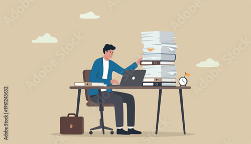 Ability to work under pressure, leadership skill success, control to stressed complete work within timeline concept, calm confident businessman working laptop carrying load paperwork