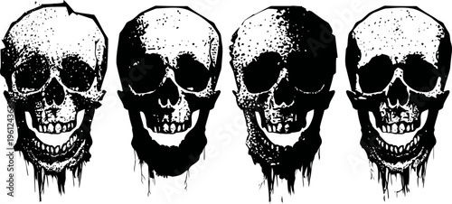 Four black and white dripping human skulls in a row, detailed monochrome halloween illustration