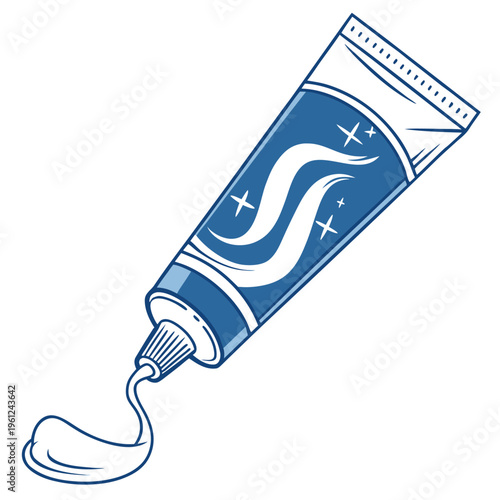 A blue stylized illustration of a squeeze tube dispensing toothpaste with sparkling clean effects