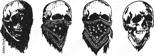 Four black and white skulls with bandanas and masks, grunge style, horror and gothic theme, edgy design
