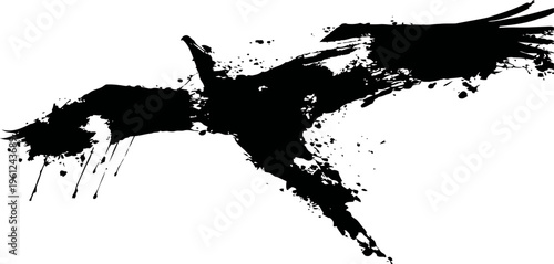 Black ink eagle silhouette flying with spread wings, splash paint artistic abstract design