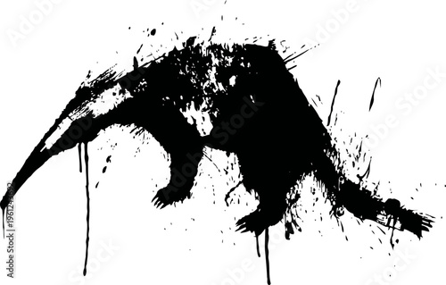 black ink splatter silhouette of an anteater with dripping paint effect dynamic art
