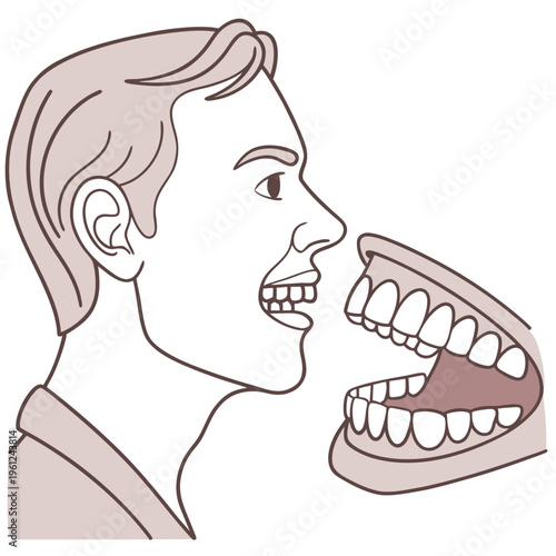 A profile illustration of a human head facing a set of dentures representing dental health care