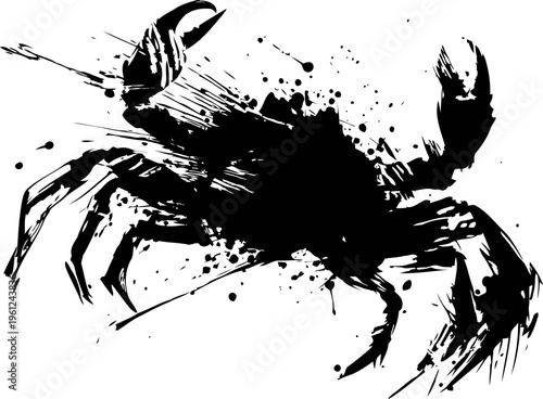 Black crab ink splatter illustration with dynamic brush strokes and grunge paint effects
