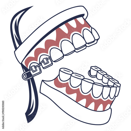 A detailed illustration of a human jaw model featuring metal orthodontic braces for teeth alignment