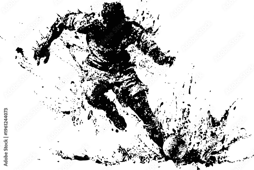 Obraz premium Dynamic soccer player kicking ball with paint splatter effect ink illustration