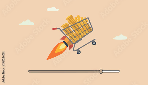 Boost sales and increase profit, achieve into sales target develop business growth, inflation a price concept, shopping cart trolley into fast rocket booster flying hight the sky